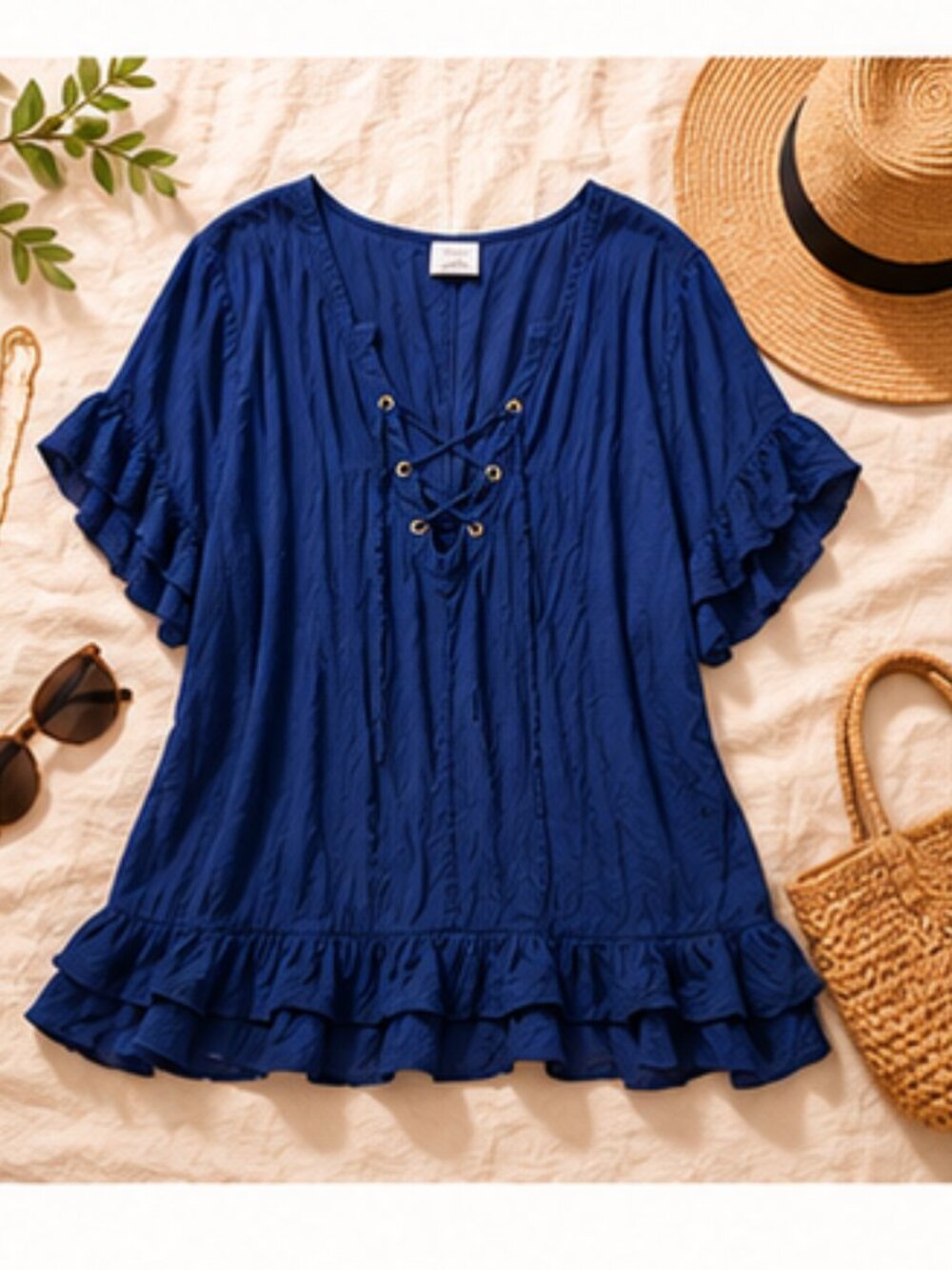 Tahiti Royal Blue Lace-Up Ruffle Tunic XL Boho Resort Coastal Chic Beach Swim - Picture 3 of 9